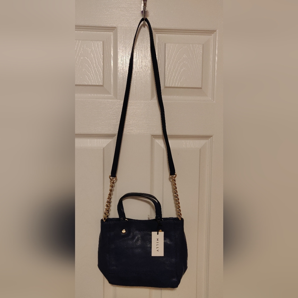 NEW Milly Small Tote Leather Crossbody Bag in Navy Blue
